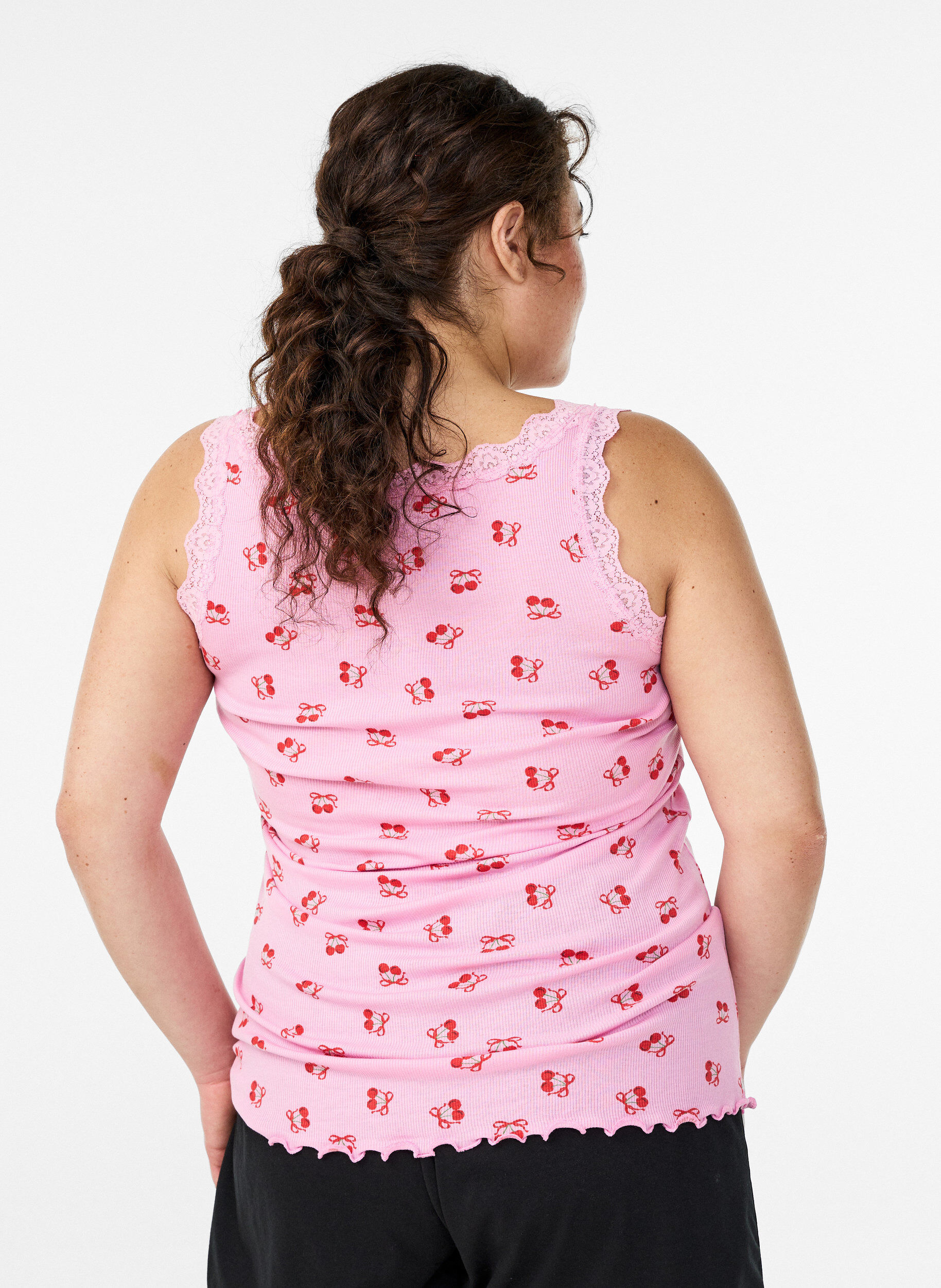 Zizzifashion Top with print and lace edge, Pink, Model image number 2