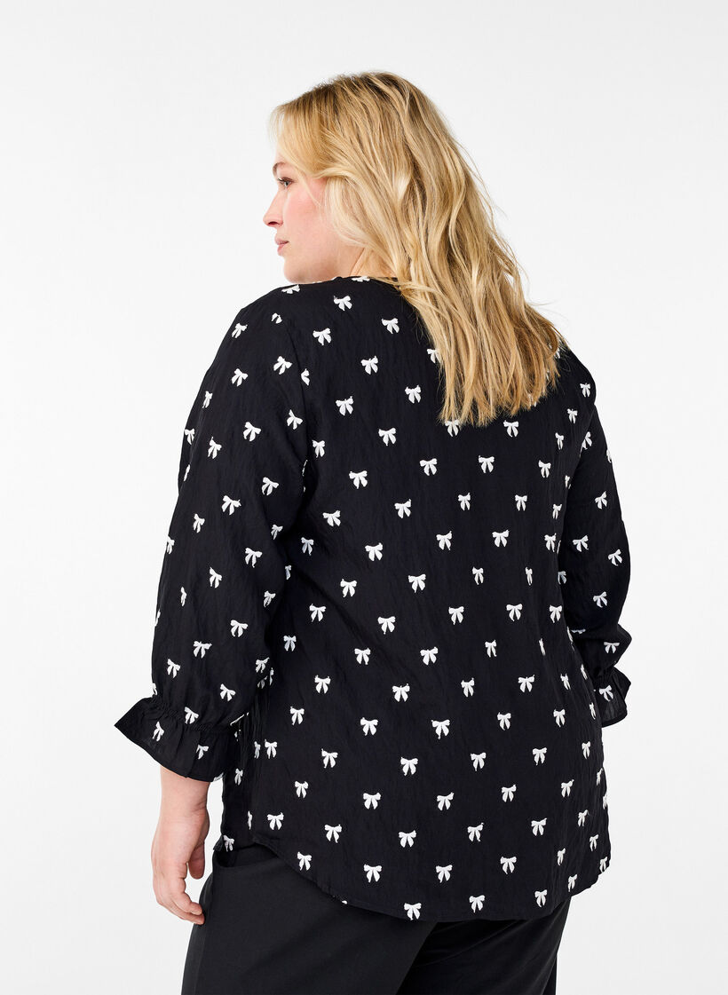 Blouse with bows and 3/4 sleeves, Black White Bow, Model image number 1