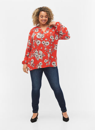Long-sleeved floral viscose blouse, Fiery Red Flower AOP, Model image number 2