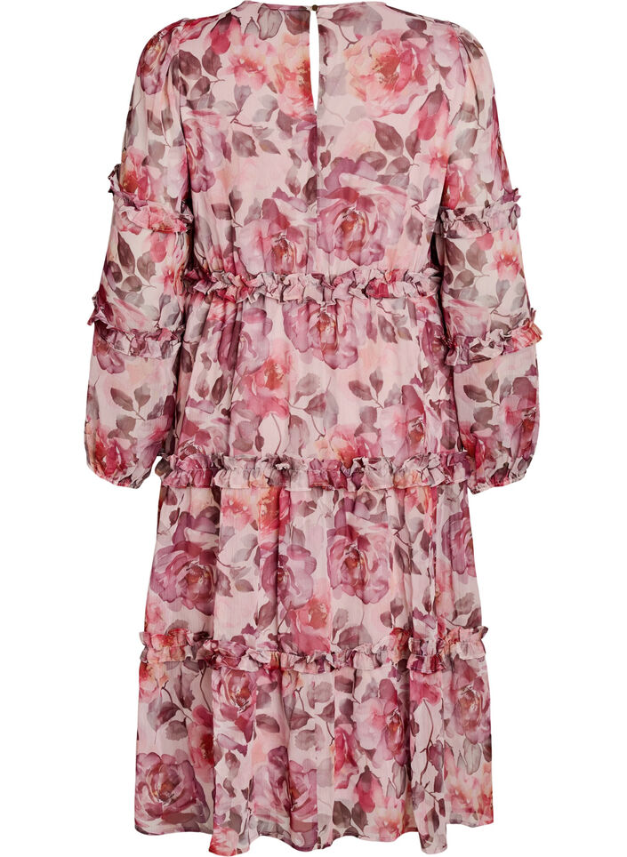 Floral midi dress with ruffle details and sheer sleeves, Rose, Packshot image number 1