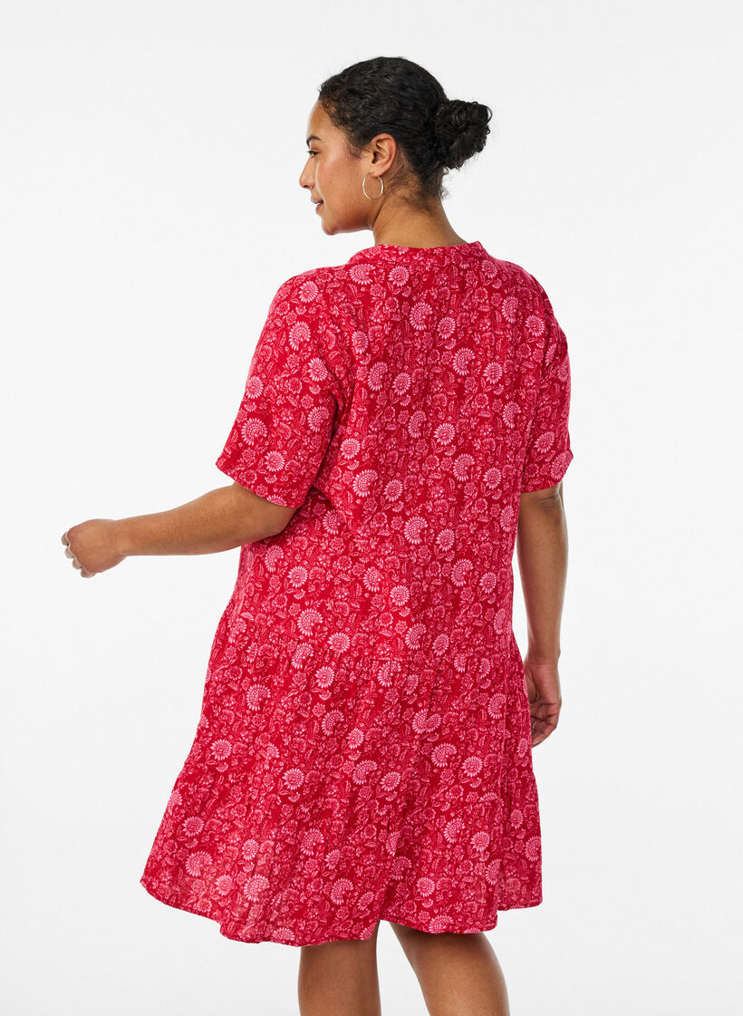 Short A-line dress in cotton muslin, Red, Model image number 2