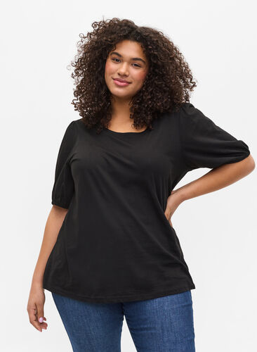 Cotton t-shirt with elbow-length sleeves, Black, Model image number 0