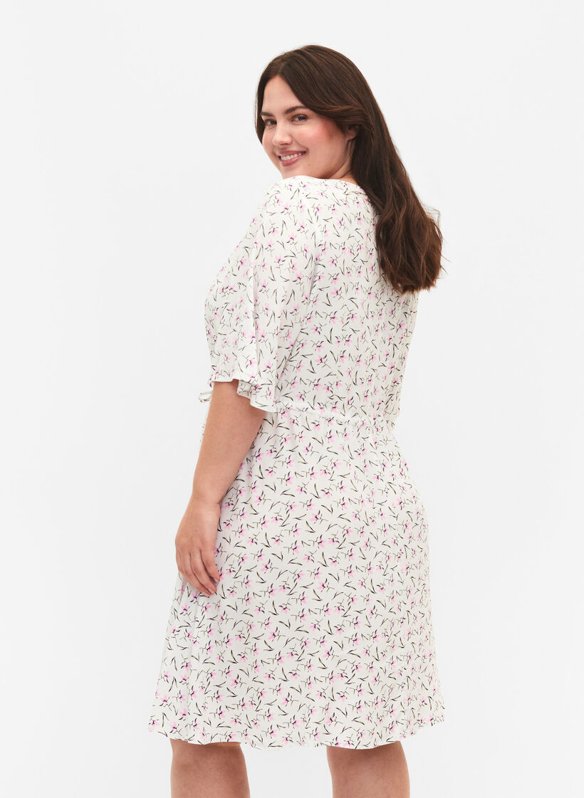 Dress with 1/2 sleeves and floral print in viscose, White Purple Flower, Model image number 1