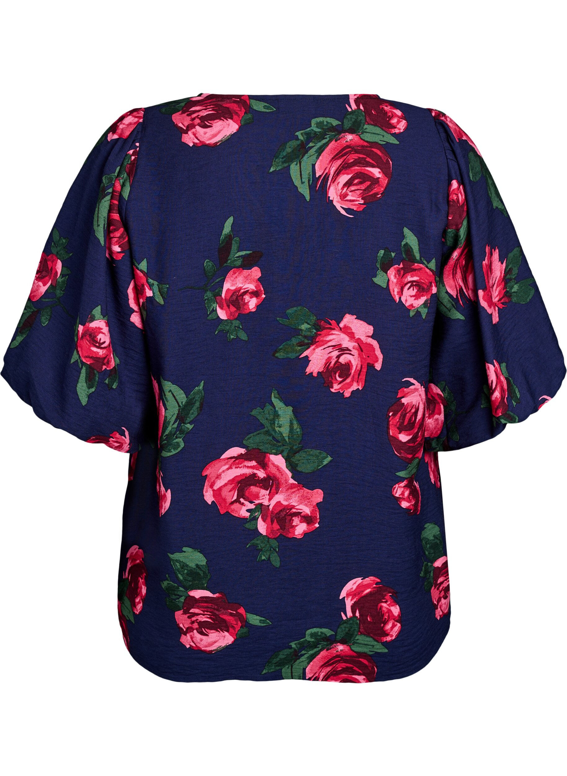 Zizzifashion Blouse with rose print and short balloon sleeves, Blue, Packshot image number 1