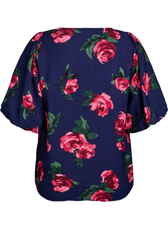 Blouse with rose print and short balloon sleeves, Blue, Packshot image number 1