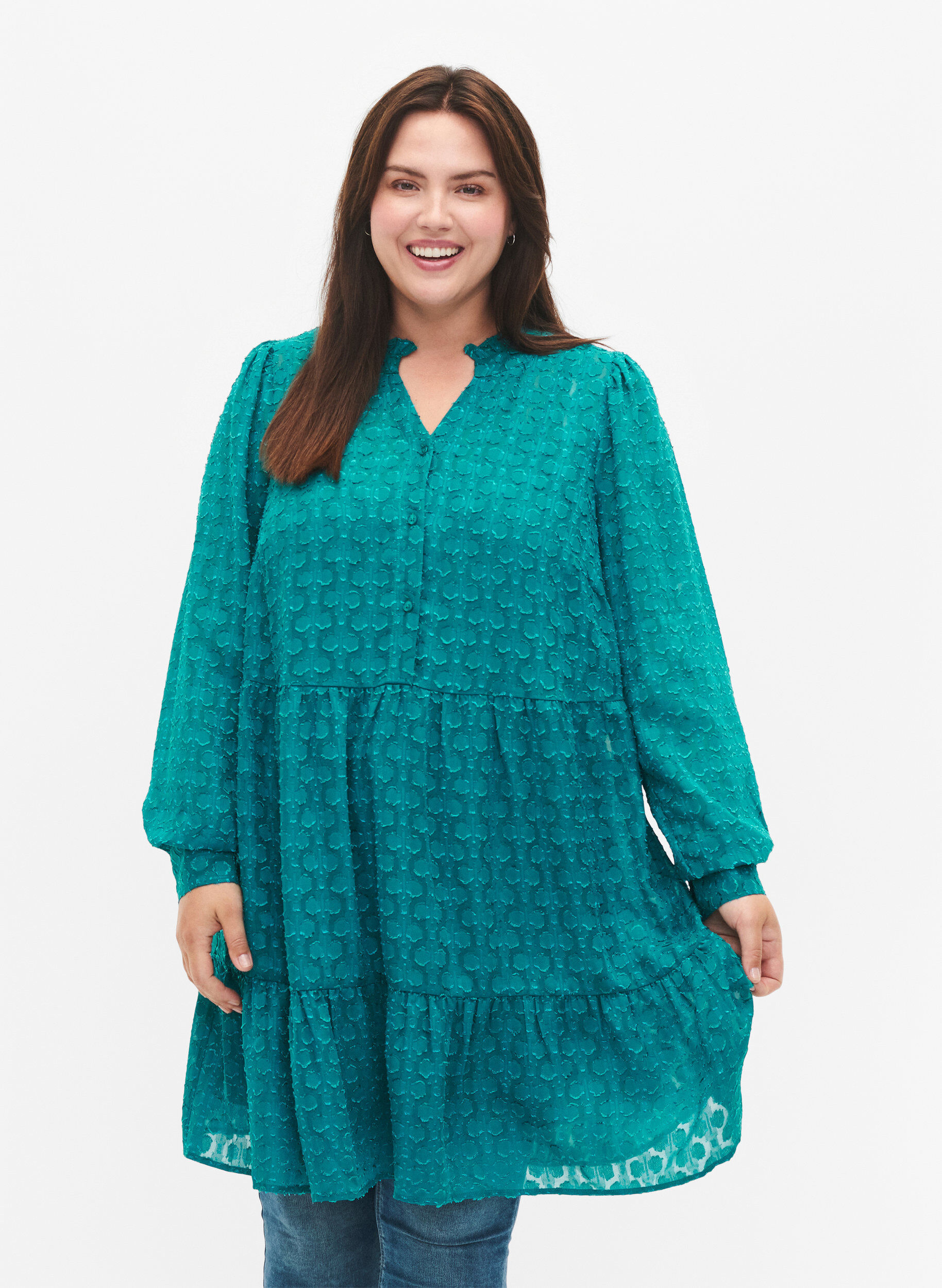 Zizzifashion Jacquard dress with ruffle collar, Deep Lake, Model image number 0