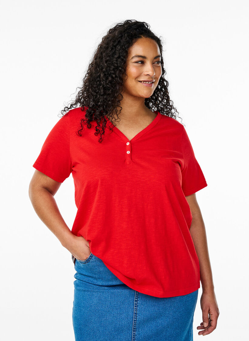 T-shirt with button detail, Red, Model image number 0