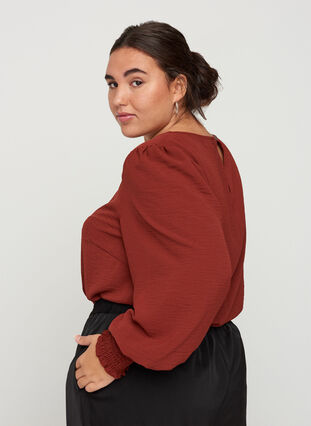 Long-sleeved blouse with smocking and a round neck, Fired Brick, Model image number 1