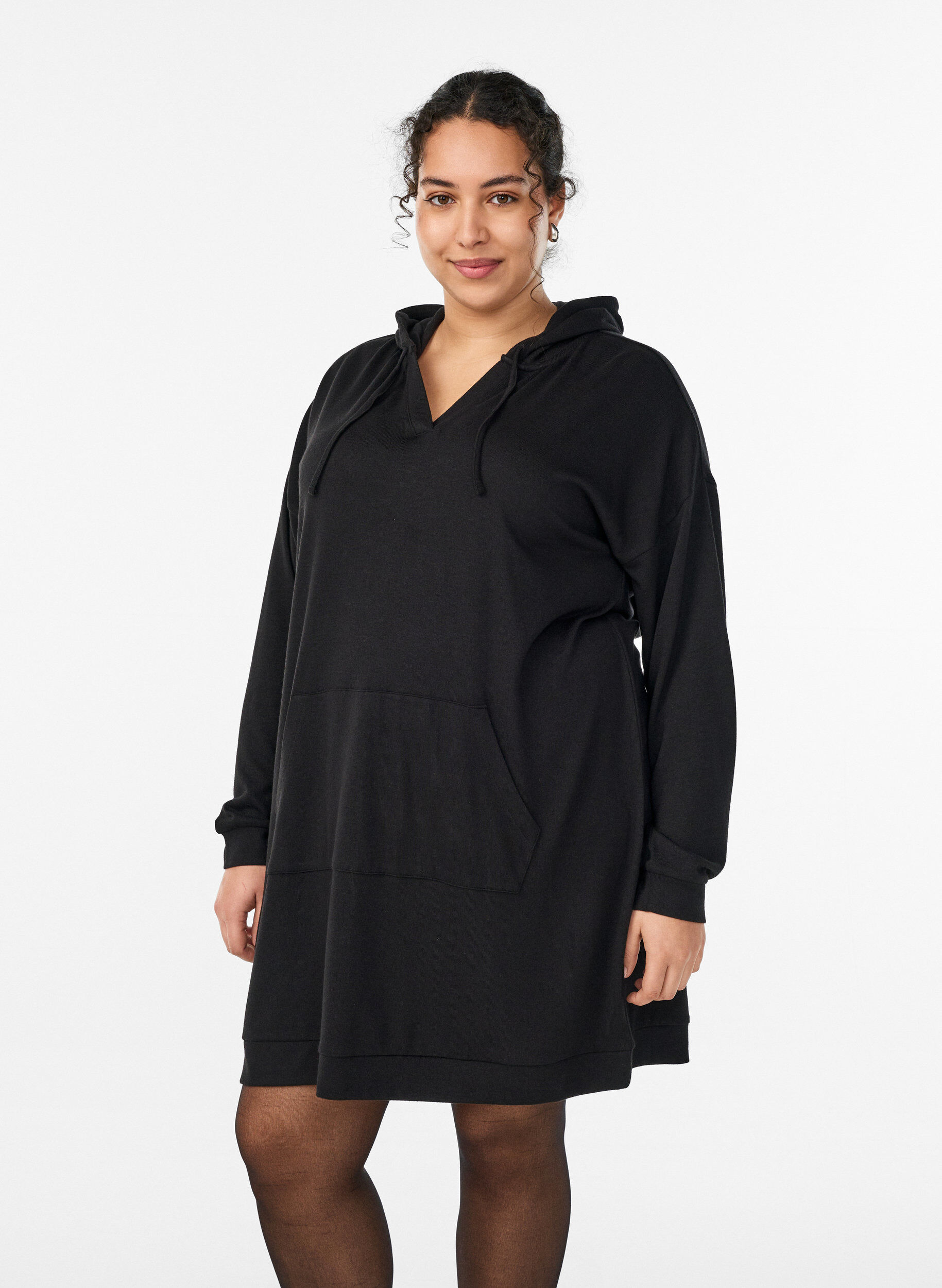 Zizzifashion Short hoodie dress with a kangaroo pocket, Black, Model image number 0