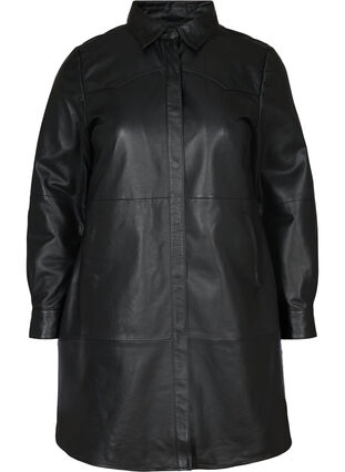 Long, leather shirt jacket, Black, Packshot image number 0