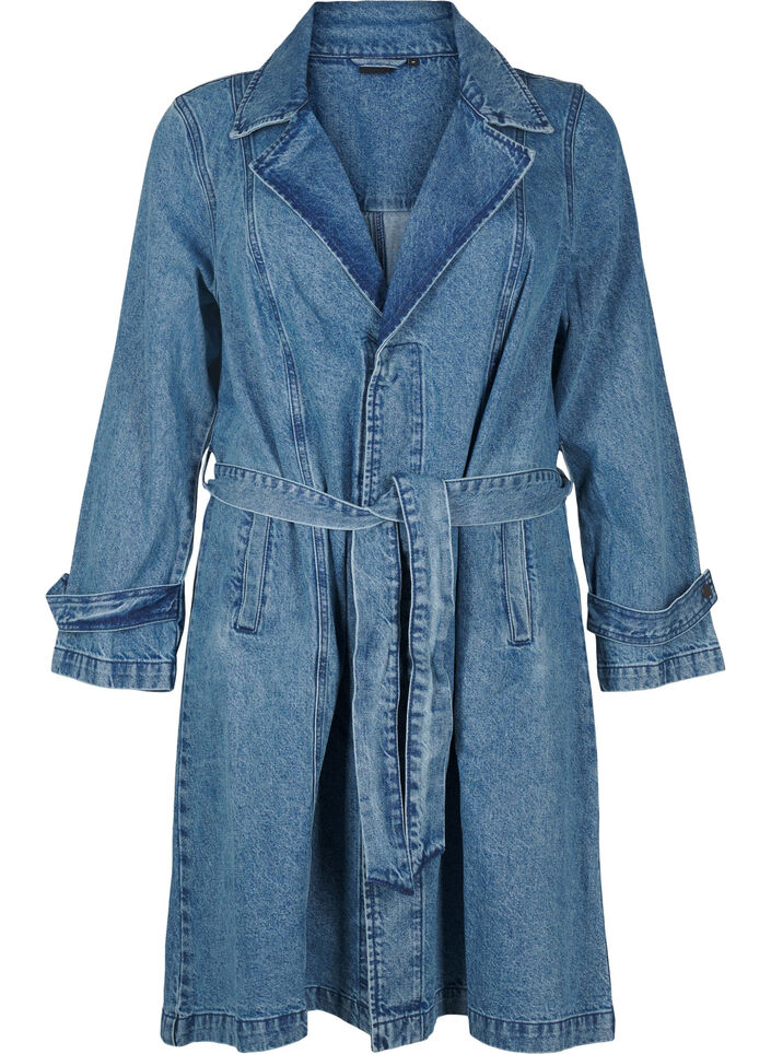 Denim trench coat with belt, Blue Denim, Packshot image number 0