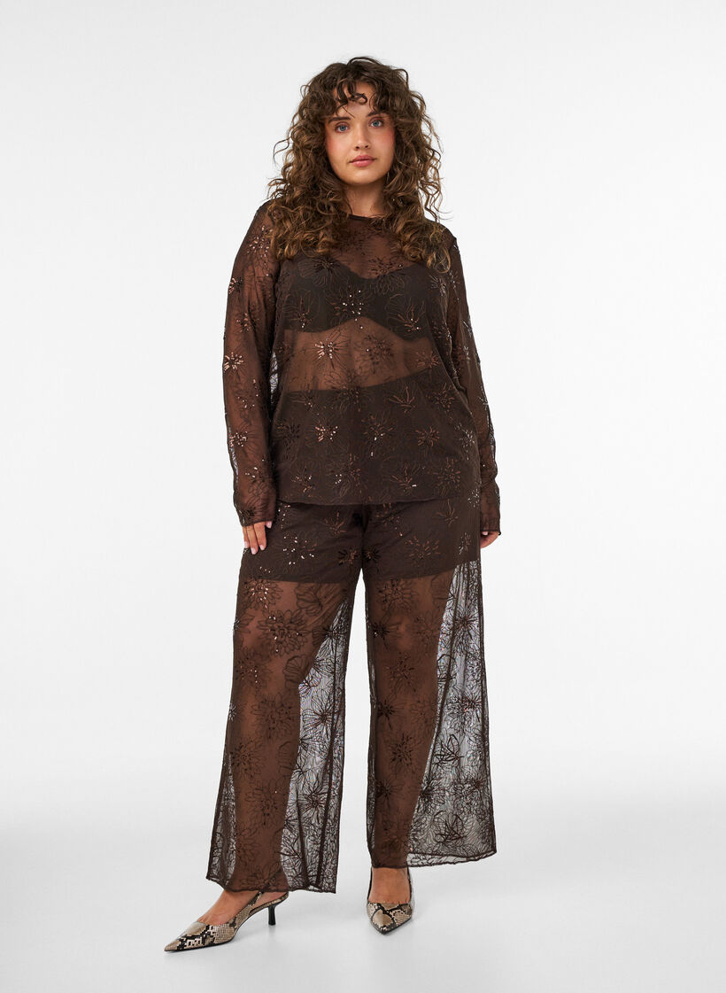 Mesh trousers with floral embroidery and sequins, Brown, Model image number 0