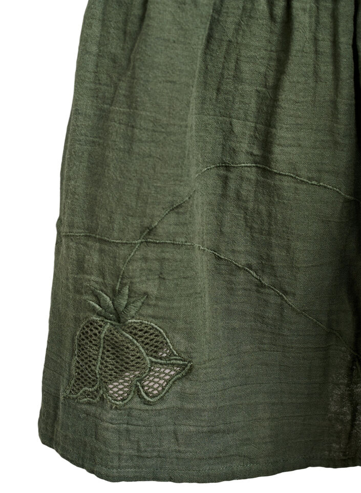 Long cotton muslin skirt with embroidered details, Thyme, Packshot image number 3