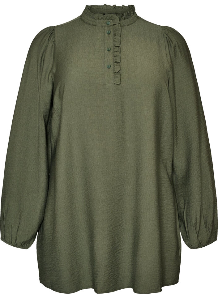 Viscose tunic with ruffles and buttons, Green, Packshot image number 0