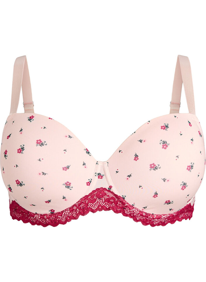 Moulded bra with floral print and lace, Rose, Packshot image number 0