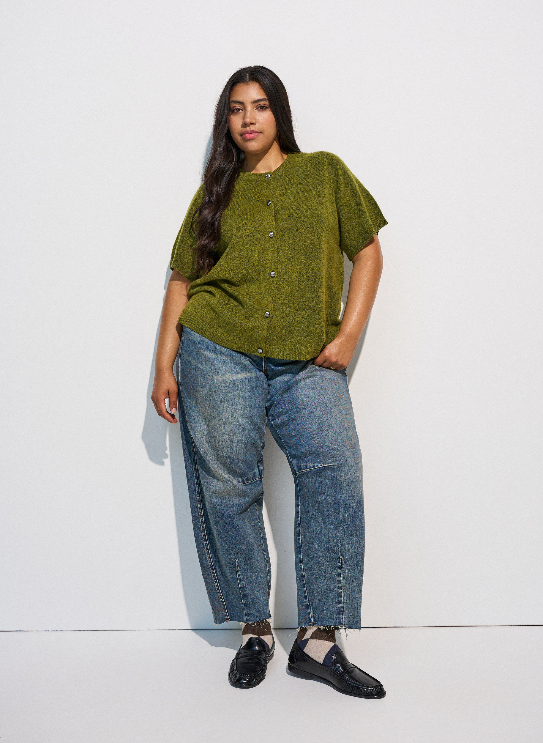 ZizzifashionKnit cardigan with short sleeves, Green, Model image number 1
