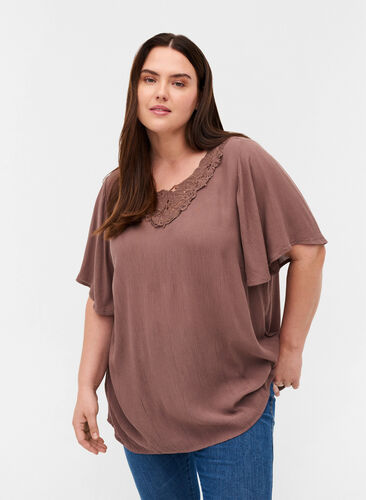 Short-sleeved viscose blouse with lace, Deep Taupe, Model image number 0