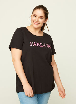 Cotton t-shirt with print, Black, Model image number 0