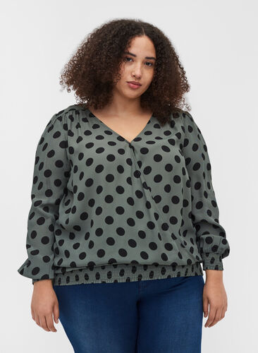 Polka dot viscose blouse with smock, Thyme Dot, Model image number 0