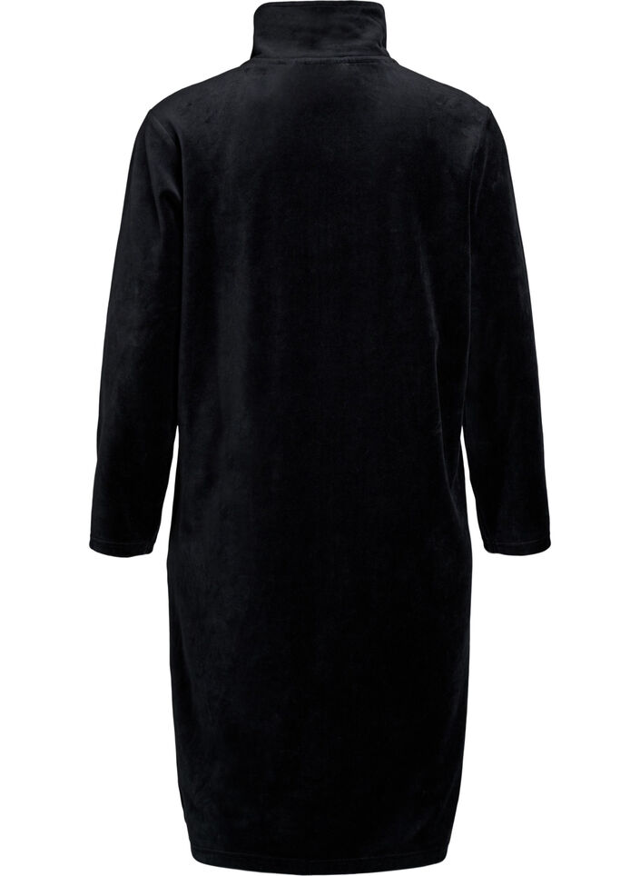 Velour dressing gown with zipper and pockets, Black, Packshot image number 1