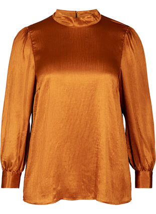 Shiny blouse with long puff sleeves, Buckthorn Brown, Packshot image number 0