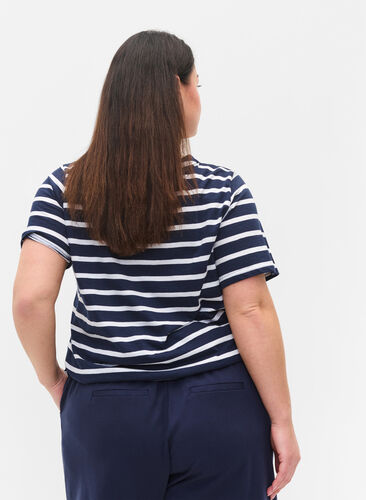 Striped cotton t-shirt with v-neckline, Navy B White Stripe, Model image number 1