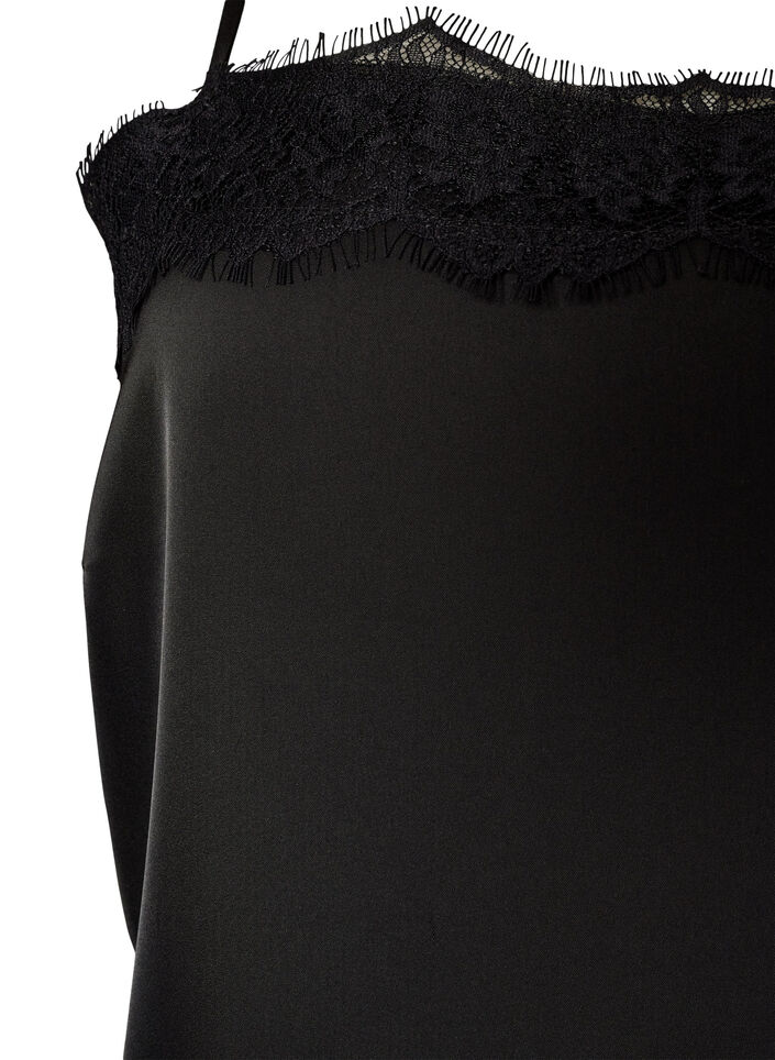 Long satin top with lace edges, Black, Packshot image number 2
