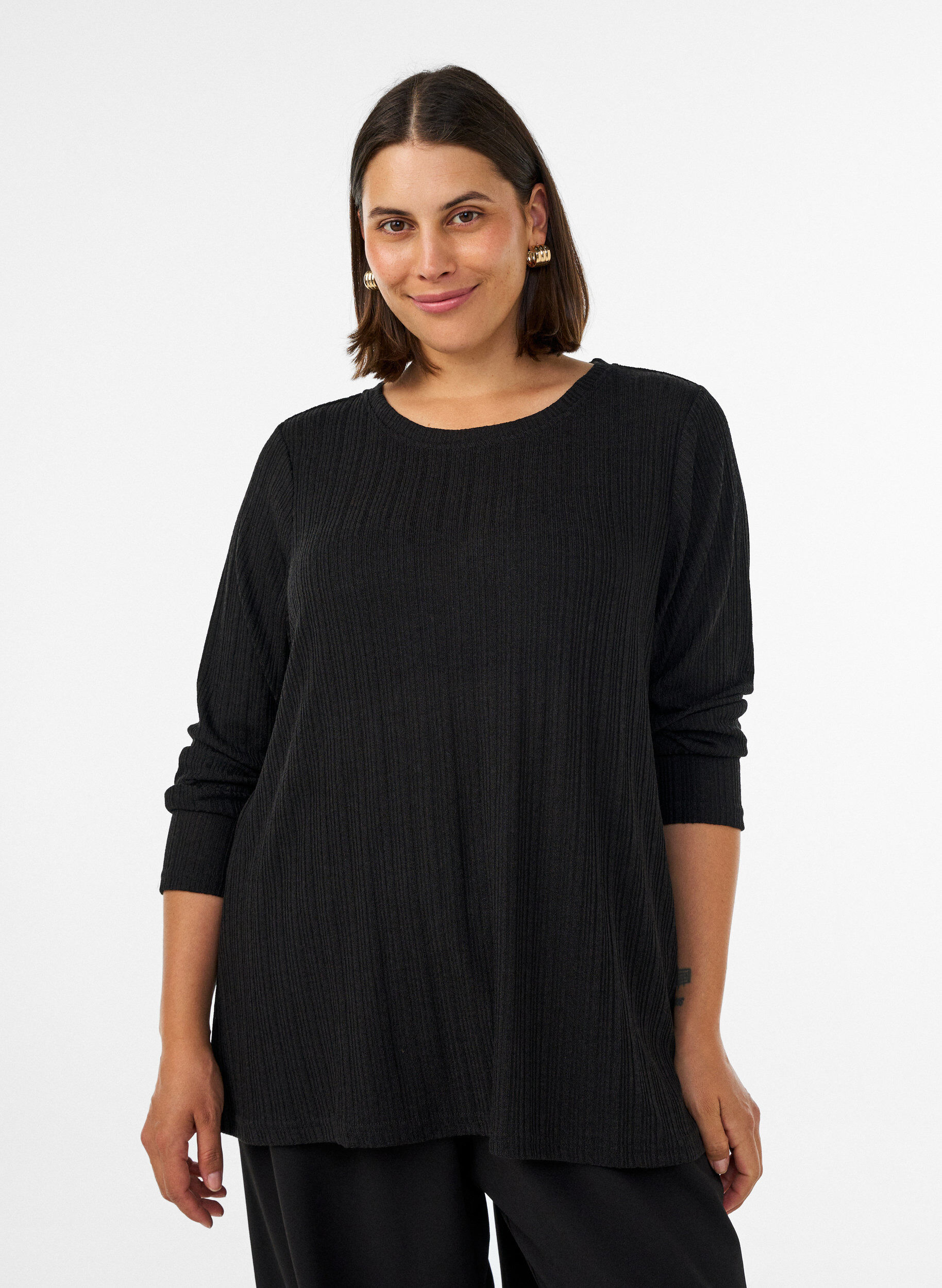 Jersey blouse with ribbed structure and long sleeves, Black, Model