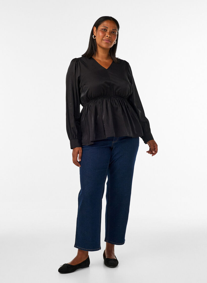 Shiny viscose blouse with peplum effect, Black, Model image number 1