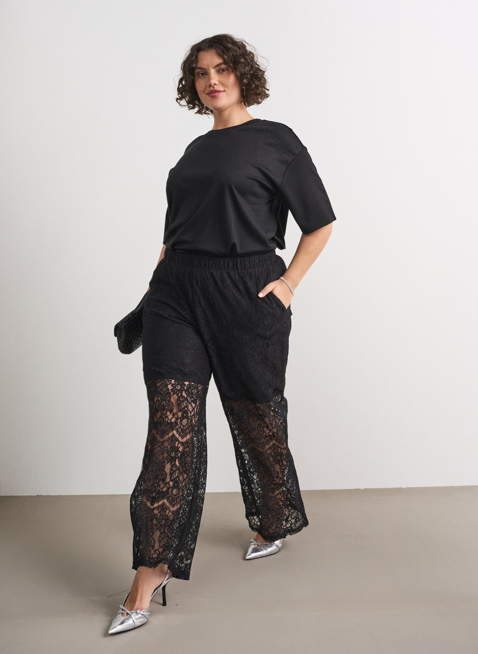 ZizzifashionT-shirt with rhinestones and round neck, Black, Model image number 1
