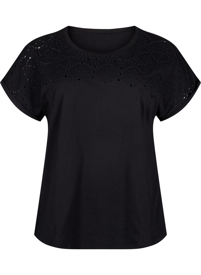 Organic cotton T-shirt with broderie anglaise, Black, Packshot image number 0
