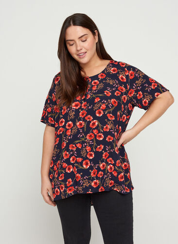 Floral viscose blouse with short sleeves, Black Poppy Flower, Model image number 0