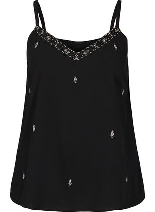 Top with thin, adjustable straps and pearls, Black, Packshot image number 0