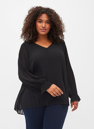 Pleated top with v-neck, Black, Model image number 0