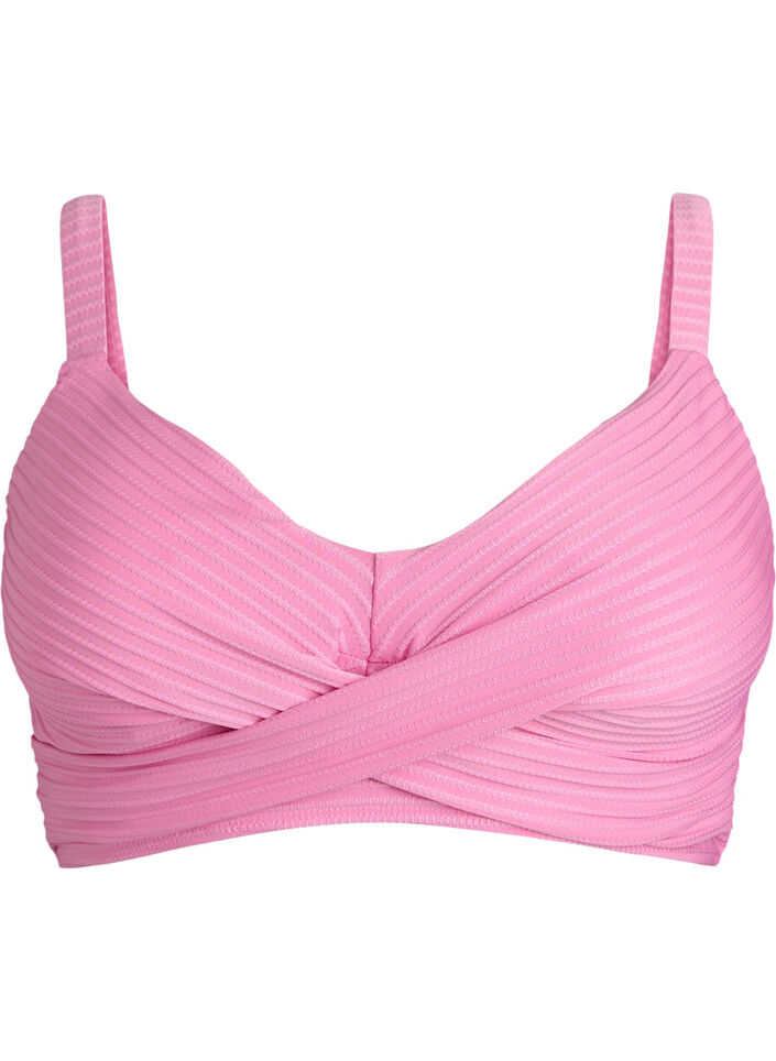 Bikini top with striped texture and criss-cross, Pink, Packshot image number 0