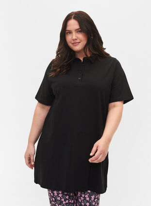 Cotton tunic with collar and short sleeves, Black, Model image number 0