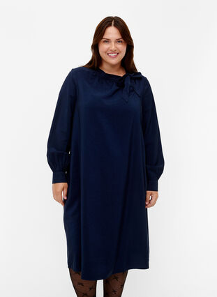 Long sleeve viscose dress with bow, Total Eclipse, Model image number 0