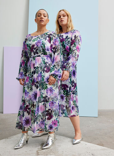 Floral midi dress with long sleeves, Purple Flower mix, Image image number 0