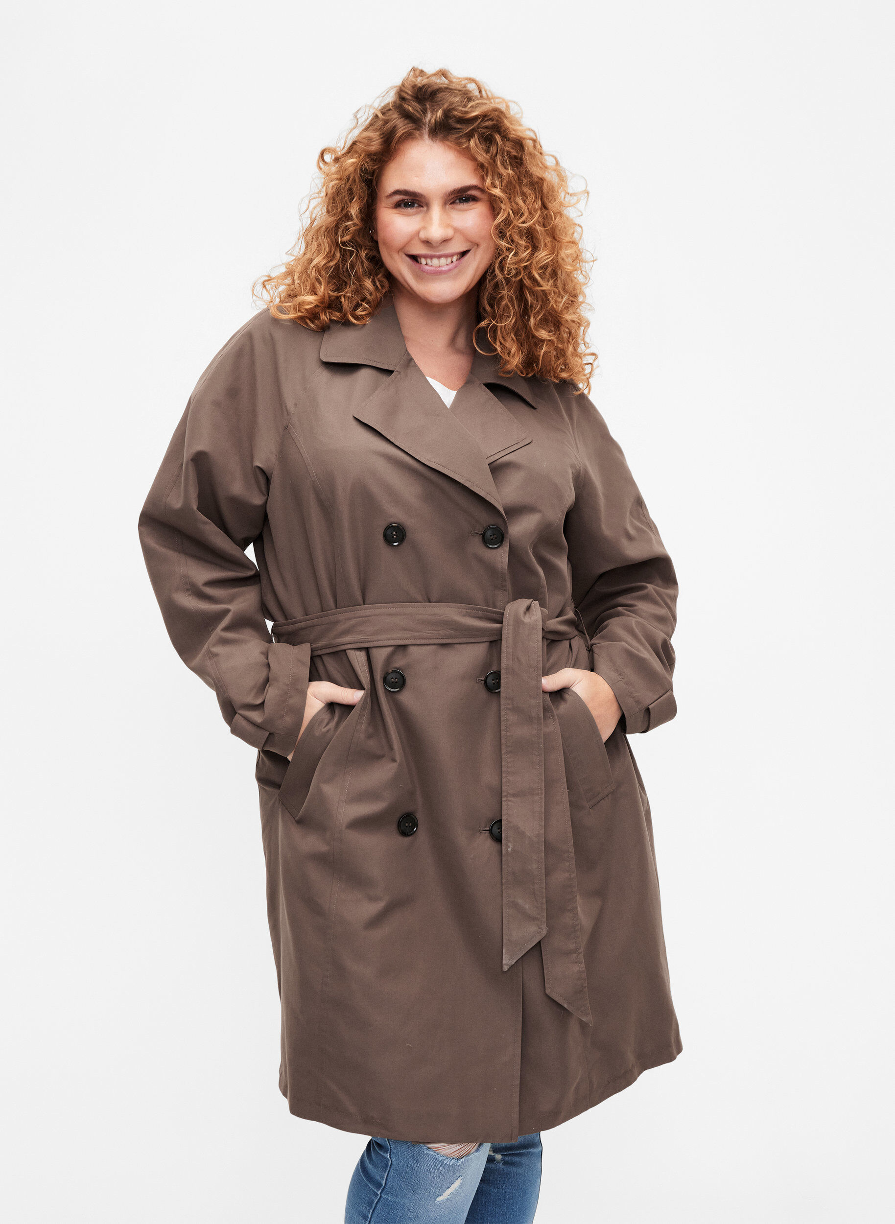 Zizzifashion Trench coat with belt and slit, Chocolate Chip, Model image number 0
