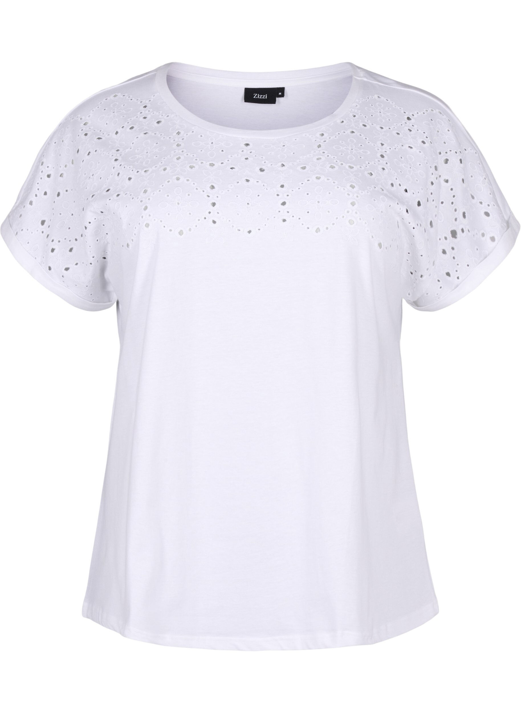 Zizzifashion Organic cotton T-shirt with broderie anglaise, Bright White, Packshot image number 0