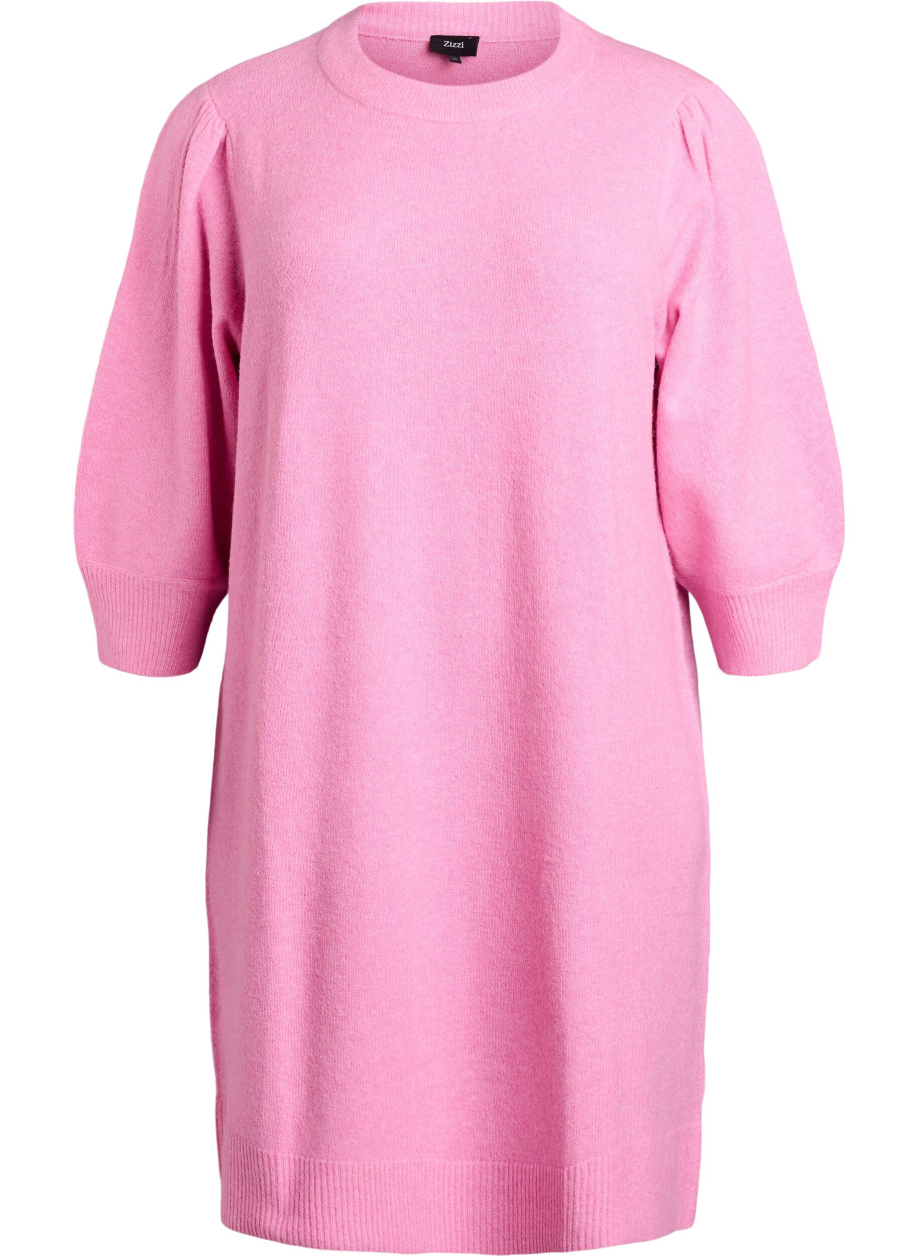 Zizzifashion Knitted dress with 3/4 sleeves and a round neck, B. Pink White Mel., Packshot image number 0