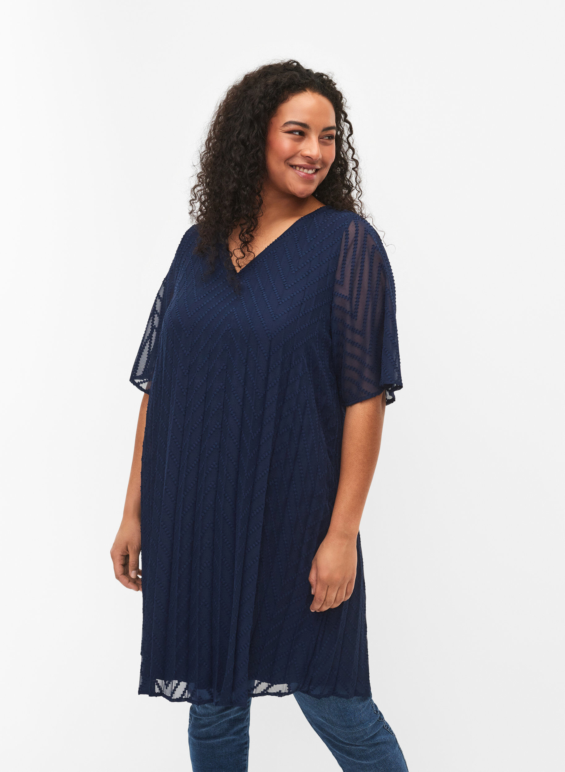 Zizzifashion Short sleeved pleated dress, Navy Blazer, Model image number 0