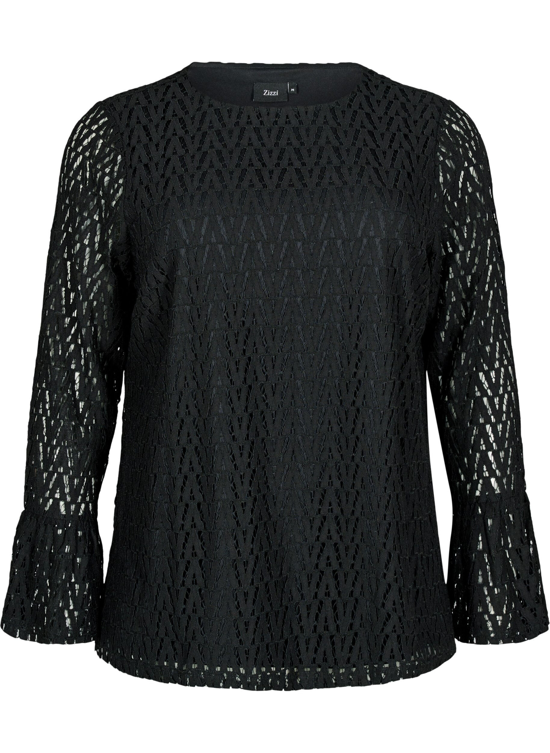 Zizzifashion Lace blouse with ruffled sleeves, Black, Packshot image number 0