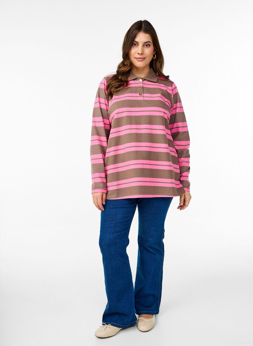 Striped polo shirt with long sleeves, Pink, Model image number 1