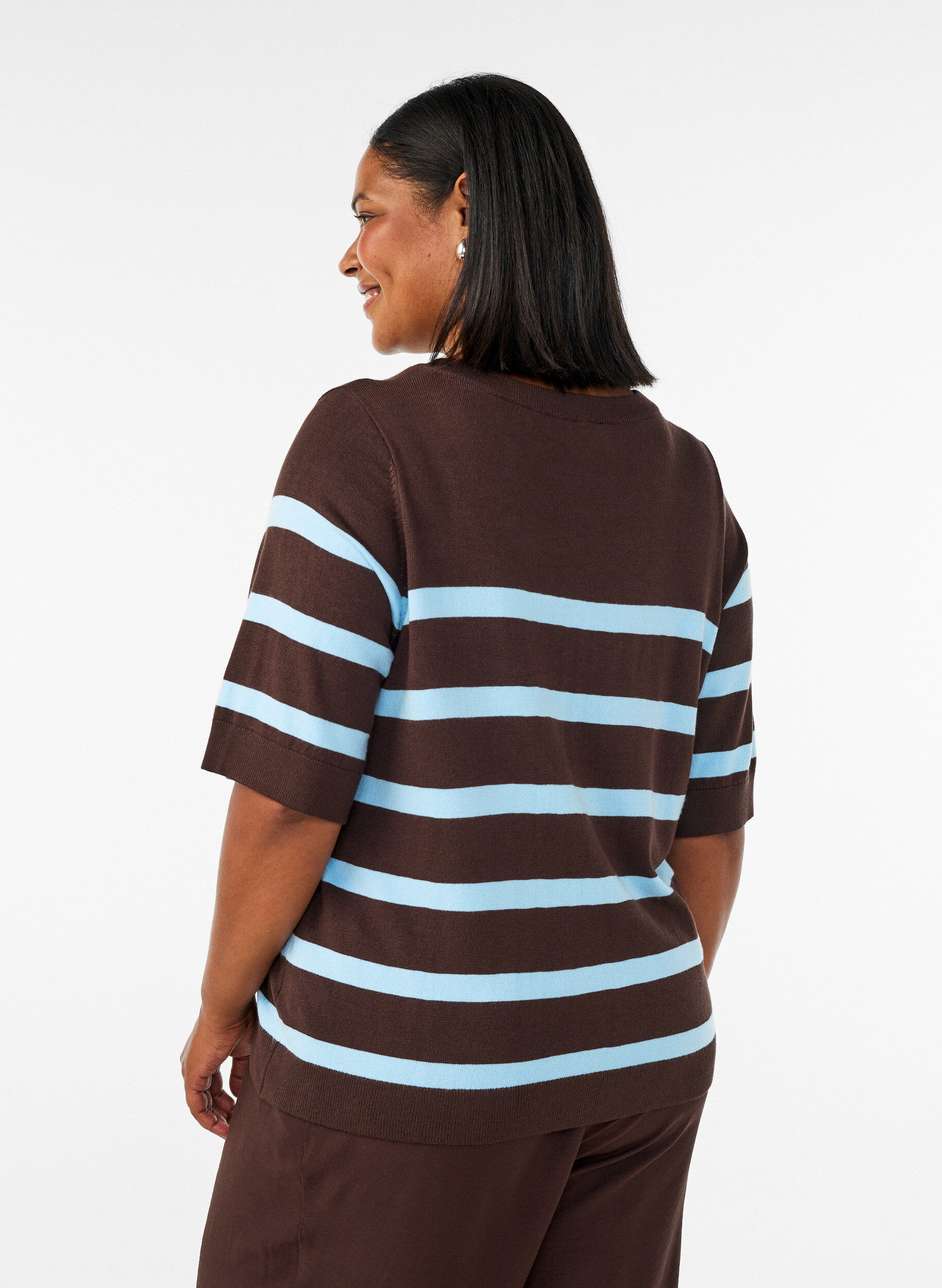 ZizzifashionStriped knit top with short sleeves, Brown, Model image number 2