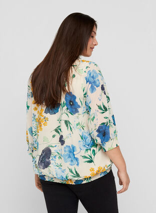 Floral blouse with 3/4 sleeves and smock detail, AOP Flower, Model image number 1