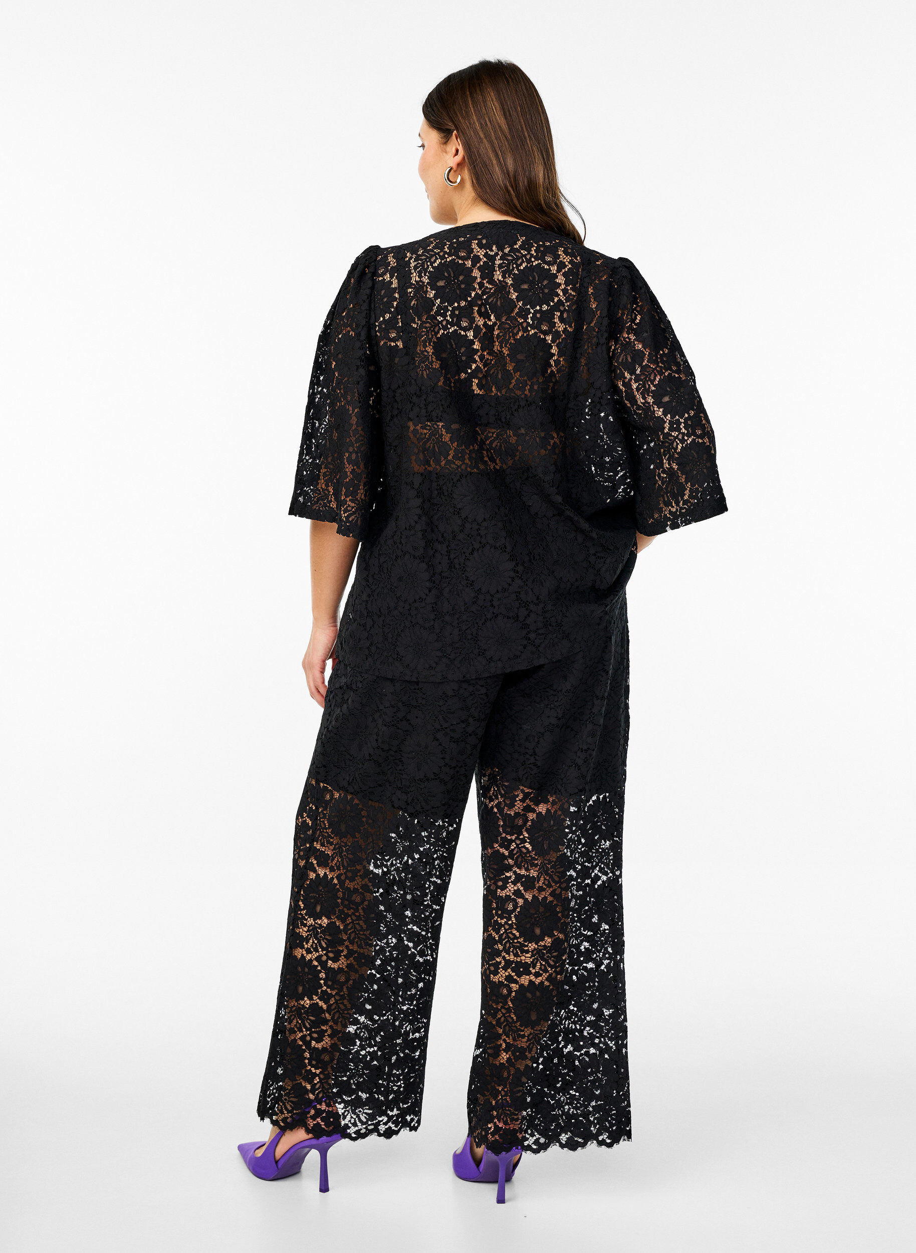 Zizzifashion Lace trousers with a high waist and pockets, Black, Model image number 1