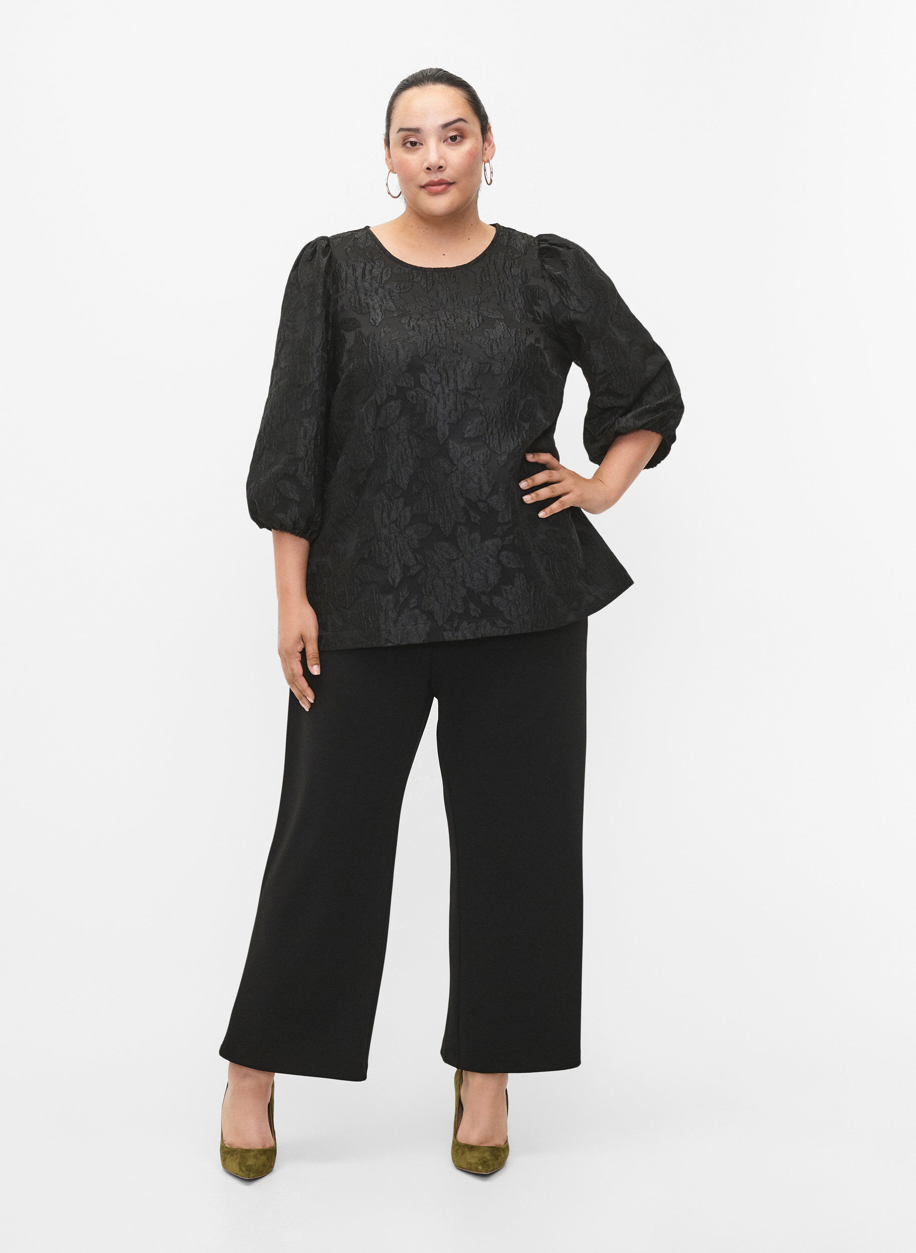 Zizzifashion Jacquard blouse with 3/4 sleeves, Black, Model image number 2