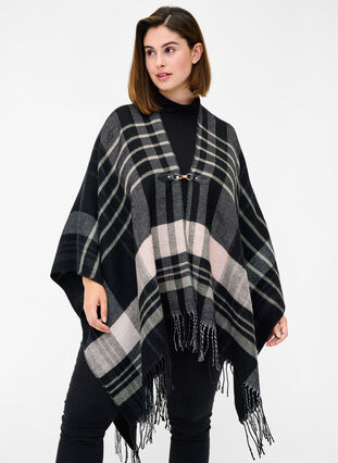 Long, marled, knitted poncho with a buckle, Black w. Petal Pink, Model image number 2
