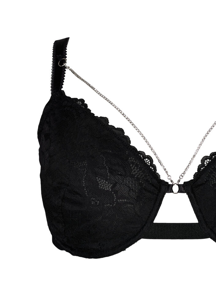 Full coverage lace bra with chain detail, Black, Packshot image number 2